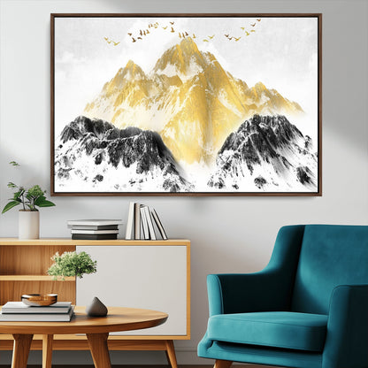 37733-MGV-FC-36X24_Walnut-Golden Mountain Wall Art – Modern Abstract Landscape Canvas Print with Birds, Luxury Nature Decor for Living Room, Bedroom, or
