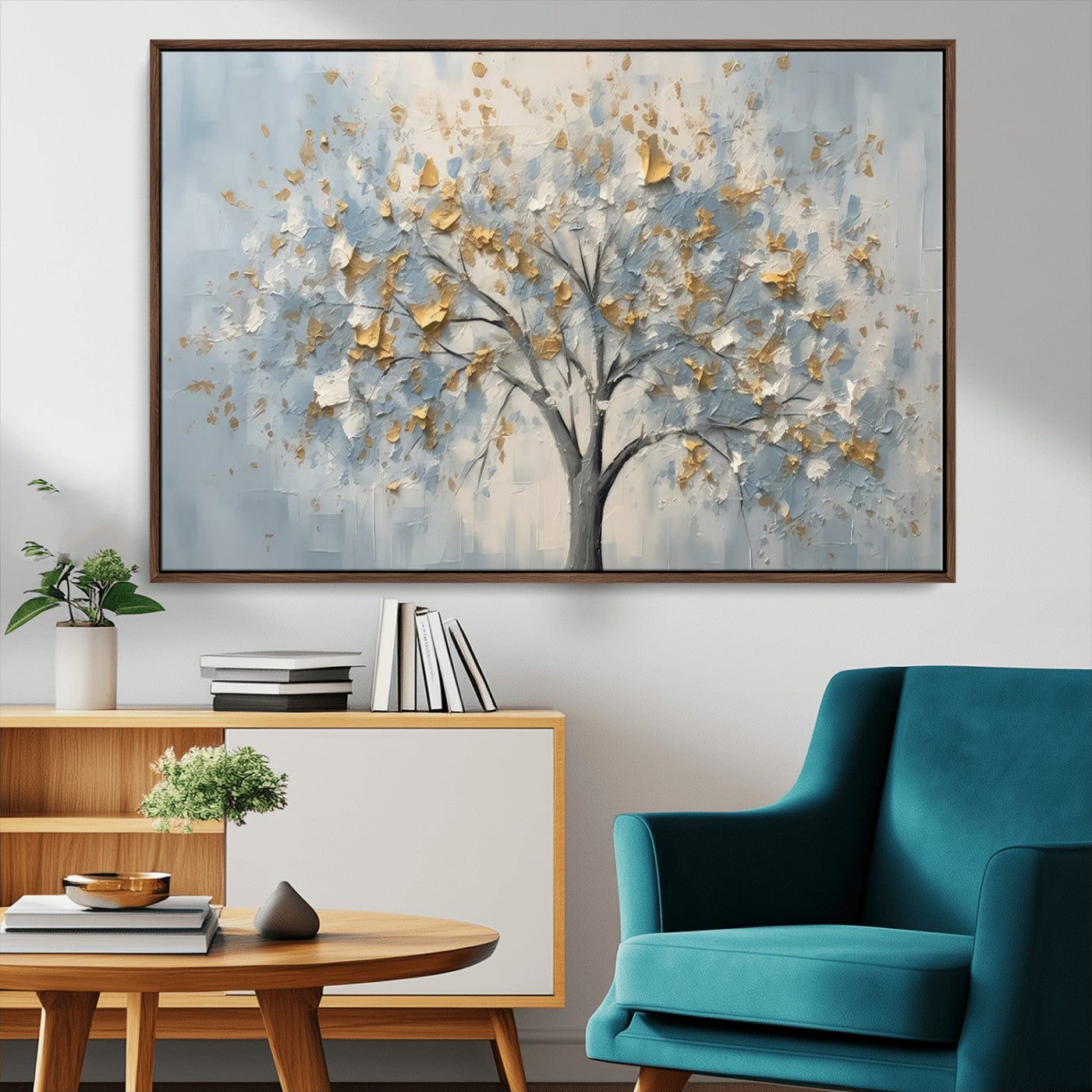 65811-MGV-FC-36X24_Walnut-Abstract Tree Wall Art – Textured Canvas Painting with Gold and White Leaves, Modern Nature Inspired Decor for Living Room or