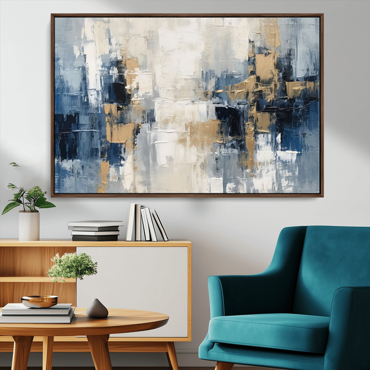 44344-MGV-CV-36X24-Abstract Blue and Gold Wall Art – Modern Hand Painted Canvas Print, Contemporary Textured Painting for Living Room, Bedroom or