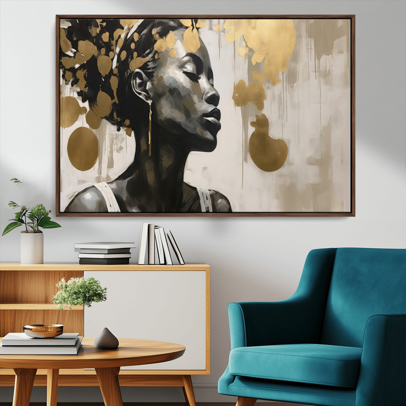 65669-MGV-CV-36X24-Elegant Black Woman Wall Art – Modern Abstract Portrait Canvas with Gold Accents, Contemporary Afrocentric Decor for Living Room