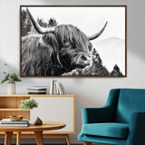 61570-MGV-CV-36X24-Highland Cow Wall Art – Black and White Scottish Bull Canvas Print, Rustic Farmhouse Animal Decor for Living Room, Bedroom, or