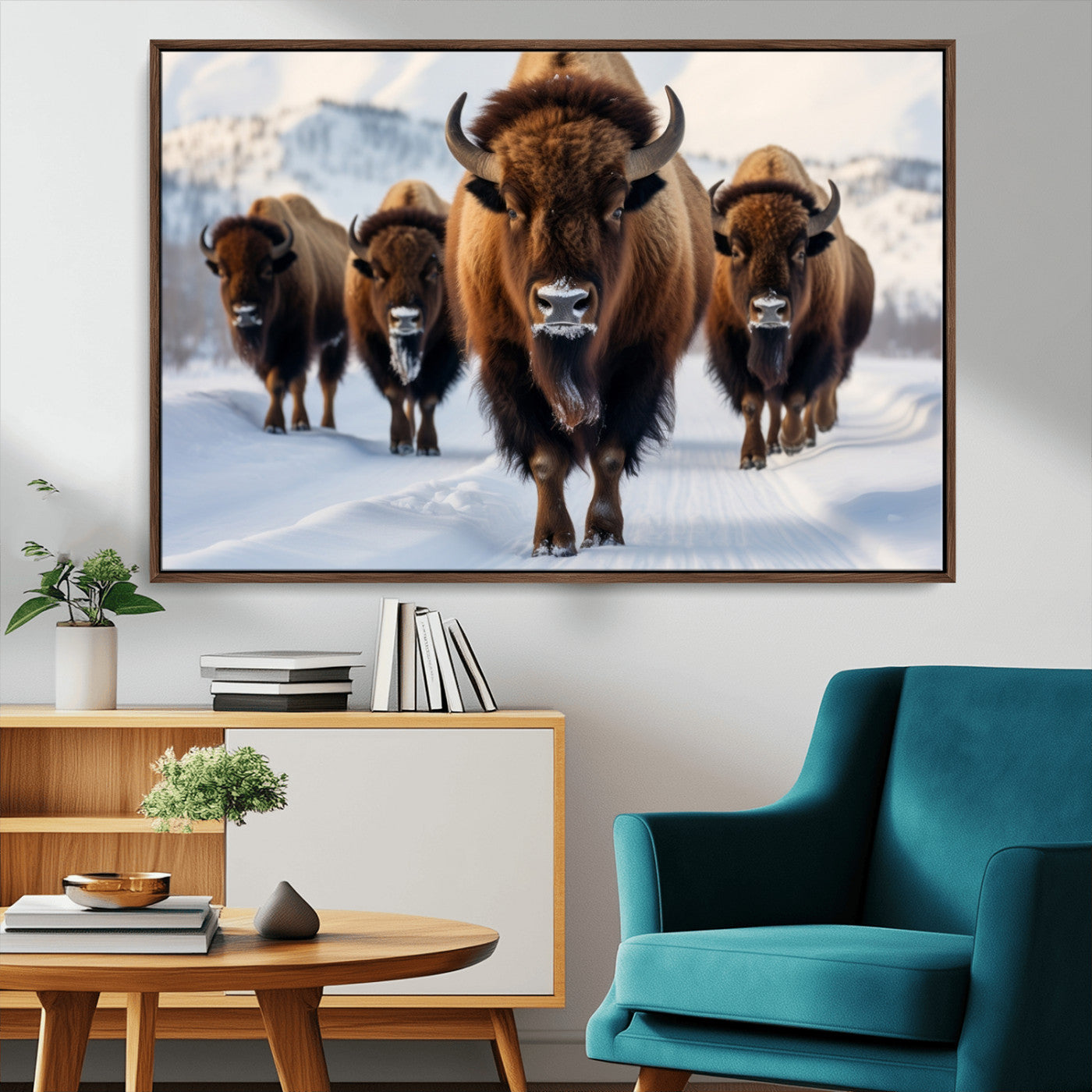 56701-MGV-CV-36X24-Bison Herd Wall Art – Buffalo Walking in Snowy Mountains Canvas Print, Rustic Wildlife Decor for Cabin, Lodge, or Living Room