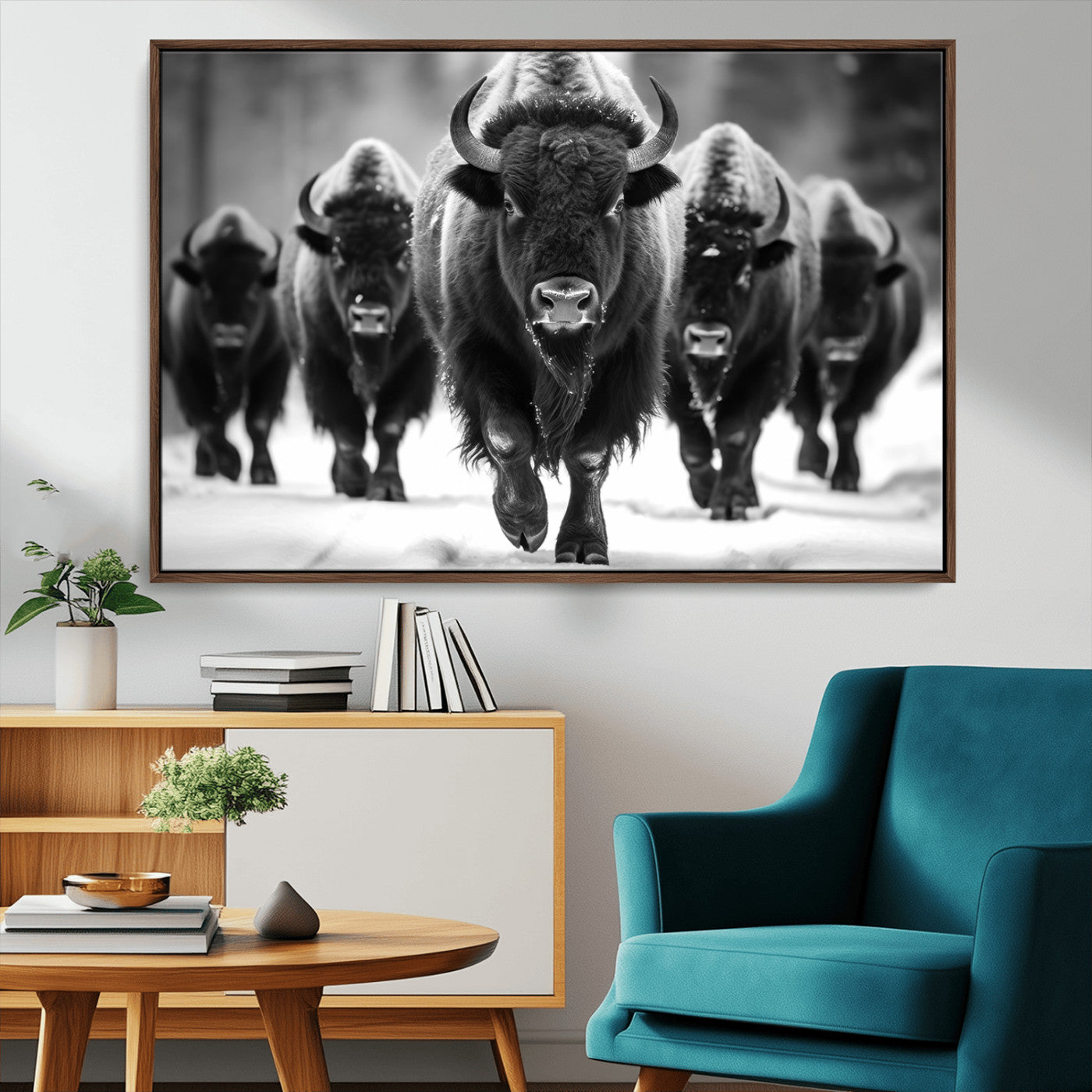 79872-MGV-CV-36X24-Bison Herd Wall Art – Black and White Buffalo on Snow Canvas Print, Rustic Wildlife Decor for Lodge, Cabin, or Living Room