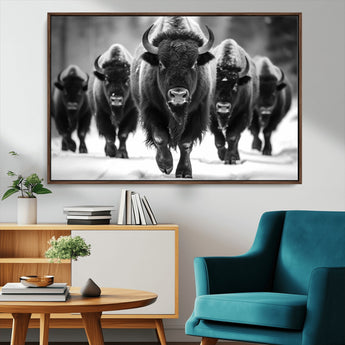 79872-MGV-CV-36X24-Bison Herd Wall Art – Black and White Buffalo on Snow Canvas Print, Rustic Wildlife Decor for Lodge, Cabin, or Living Room