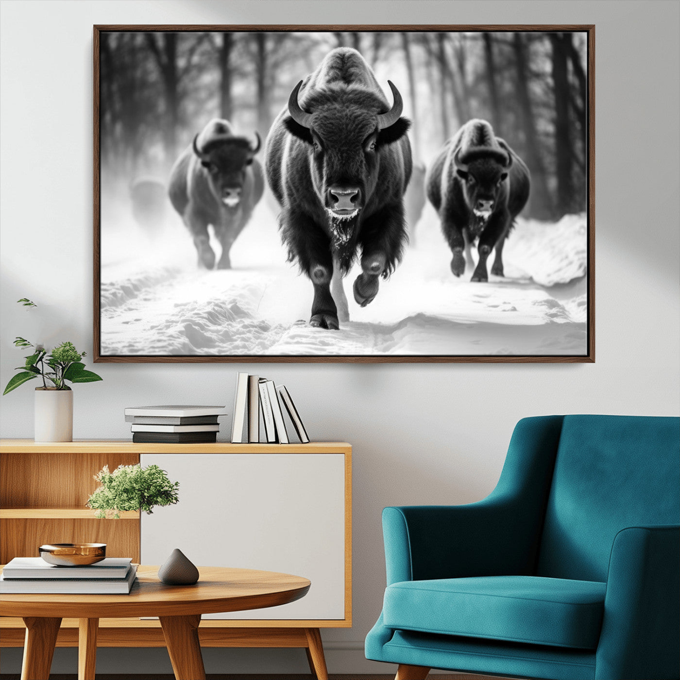 97552-MGV-CV-36X24-Black and White Bison Wall Art – Buffalo Herd Running in Snow Canvas Print, Rustic Wildlife Photography Decor for Cabin, Lodge, or