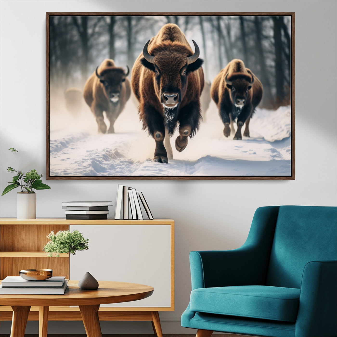 56549-MGV-CV-36X24-Wild Bison Wall Art – Majestic Buffalo Herd Running in Snow Canvas Print, Rustic Wildlife Photography Decor for Cabin, Lodge, or