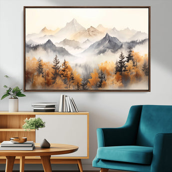 70049-MGV-CV-36X24-Autumn Mountain Forest Wall Art – Misty Landscape Canvas Print, Rustic Nature Inspired Decor for Living Room, Bedroom or Office