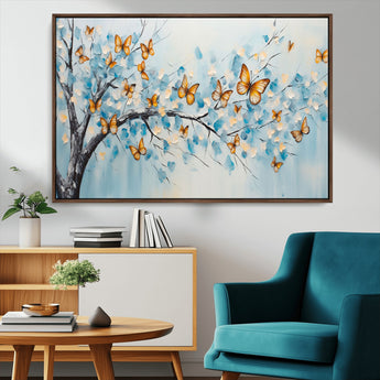 59455-MGV-CV-36X24-Butterfly Tree Branch Wall Art – Blue and Yellow Abstract Canvas Print, Modern Nature Artwork for Living Room, Bedroom or Office