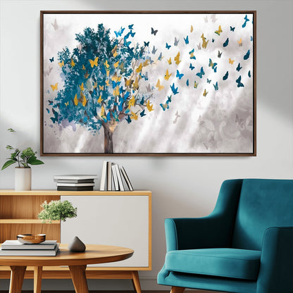 37564-MGV-CV-36X24-Butterfly Tree Wall Art – Modern Nature Canvas Print with Blue and Golden Butterflies, Elegant Decorative Painting for Living Room