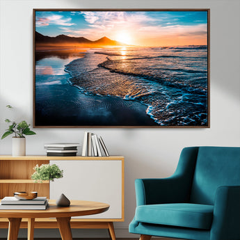 26494-MGV-CV-36X24-Ocean Sunset Wall Art – Scenic Beach Canvas Print with Waves and Mountains, Coastal Seascape Photography for Living Room, Bedroom