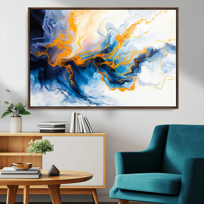 83720-MGV-CV-36X24-Abstract Fluid Wall Art – Blue, White and Gold Swirl Canvas Painting, Modern Contemporary Artwork for Living Room, Bedroom or