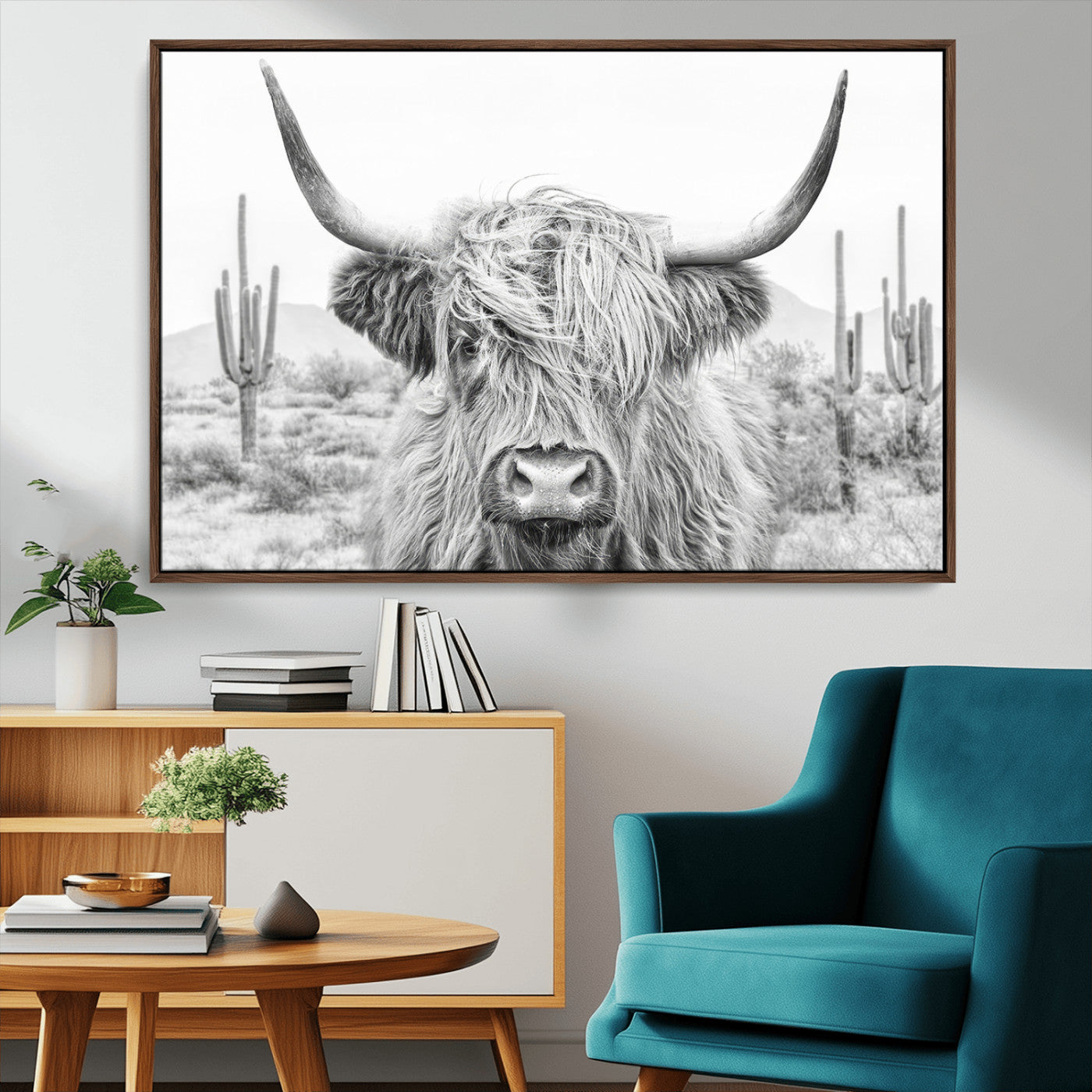 94579-MGV-CV-36X24-Highland Cow Wall Art – Black and White Longhorn Canvas Print, Rustic Western Farmhouse Animal Photography for Living Room,