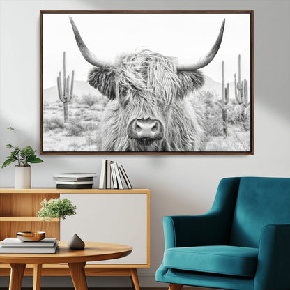 94579-MGV-CV-36X24-Highland Cow Wall Art – Black and White Longhorn Canvas Print, Rustic Western Farmhouse Animal Photography for Living Room,