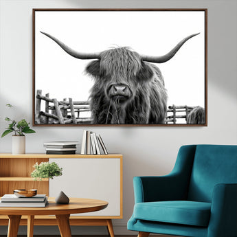 58188-MGV-CV-36X24-Highland Cow Wall Art – Black and White Rustic Farmhouse Canvas Print, Longhorn Cattle Photography Decor for Living Room or