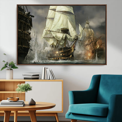 26512-MGV-CV-36X24-Naval Battle Wall Art – Dramatic Tall Ship Canvas Print, Historic Pirate Sailing War Scene, Nautical Decor for Office, Study or