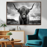 17924-MGV-CV-36X24-Highland Cow Wall Art – Black and White Rustic Longhorn Cattle Canvas Print, Farmhouse Animal Photography Decor for Country Home