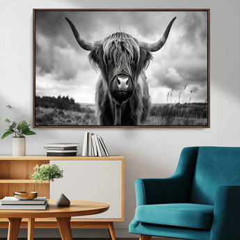 17924-MGV-CV-36X24-Highland Cow Wall Art – Black and White Rustic Longhorn Cattle Canvas Print, Farmhouse Animal Photography Decor for Country Home