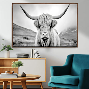 80564-MGV-CV-36X24-Highland Cow Wall Art – Black and White Scottish Highland Canvas Print, Rustic Farmhouse Decor for Living Room, Bedroom or Office