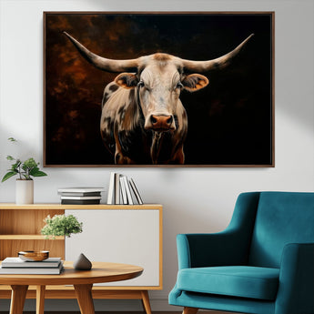 70522-MGV-CV-36X24-Longhorn Bull Wall Art – Striking Canvas Print of Majestic Bull, Premium Animal Decor for Home, Office, Man Cave, or Living Room