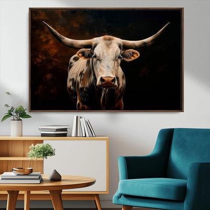 70522-MGV-CV-36X24-Longhorn Bull Wall Art – Striking Canvas Print of Majestic Bull, Premium Animal Decor for Home, Office, Man Cave, or Living Room