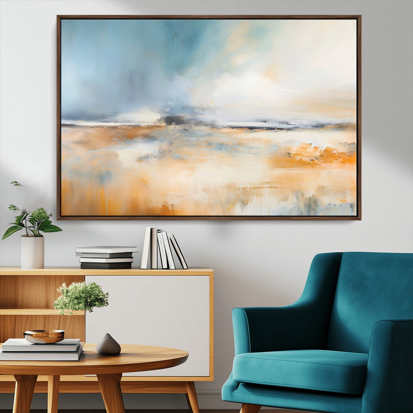 92764-MGV-CV-36X24-Abstract Landscape Wall Art – Modern Blue and Orange Canvas Print, Large Minimalist Painting for Living Room, Bedroom, Office or