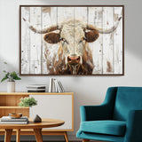 71551-MGV-CV-36X24-Longhorn Bull Wall Art – Rustic Western Cow Canvas Print, Farmhouse Animal Painting with Wood Plank Style for Living Room, Office