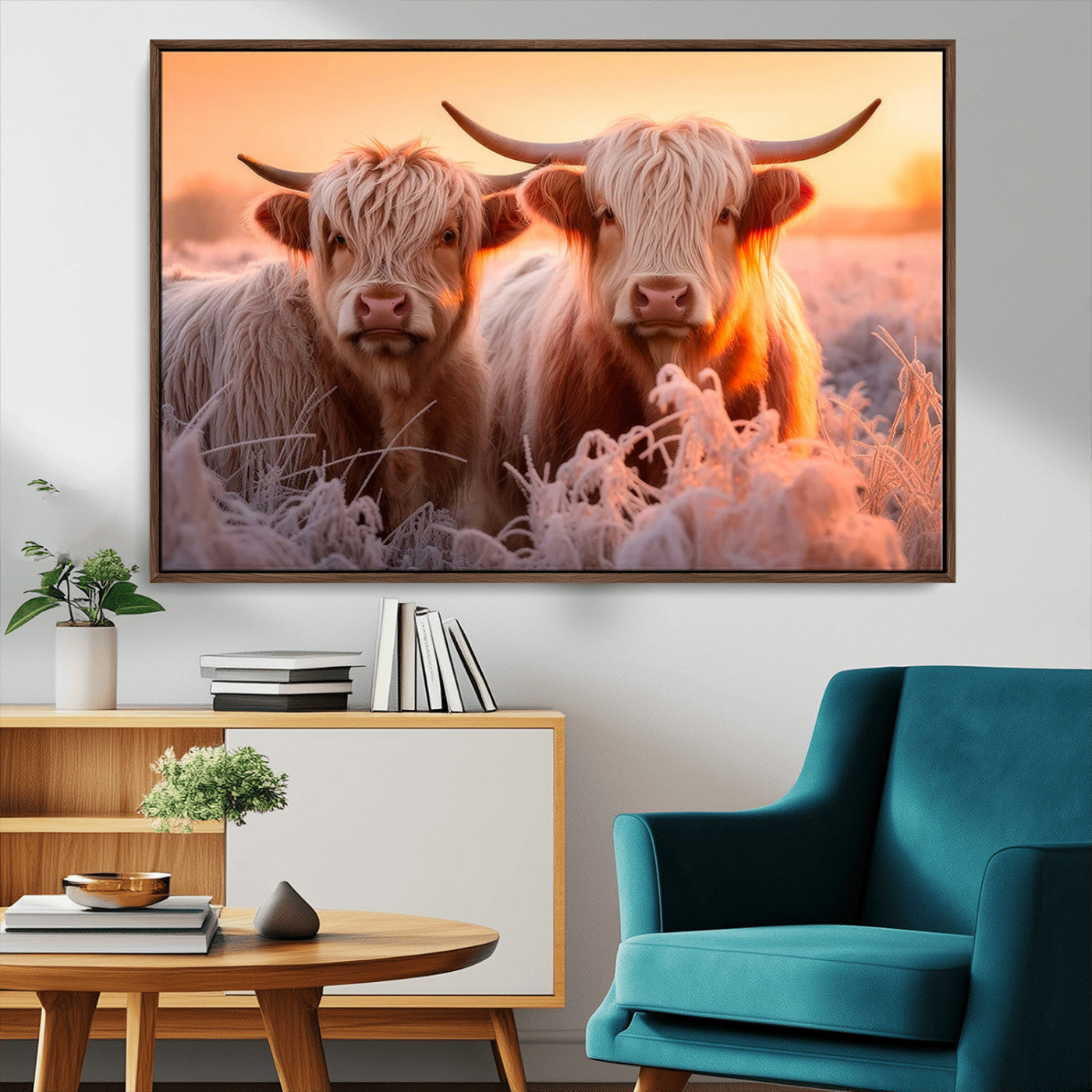 68253-MGV-FC-36X24_Walnut-Highland Cow Wall Art – Rustic Farmhouse Cattle Canvas Print, Frosty Sunset Animal Artwork for Living Room, Bedroom or Country