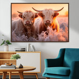 68253-MGV-FC-36X24_Walnut-Highland Cow Wall Art – Rustic Farmhouse Cattle Canvas Print, Frosty Sunset Animal Artwork for Living Room, Bedroom or Country