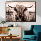 55903-MGV-CV-36X24-Highland Cow Wall Art – Rustic Sepia Scottish Highland Bull Canvas Print, Farmhouse Country Animal Decor for Living Room, Bedroom