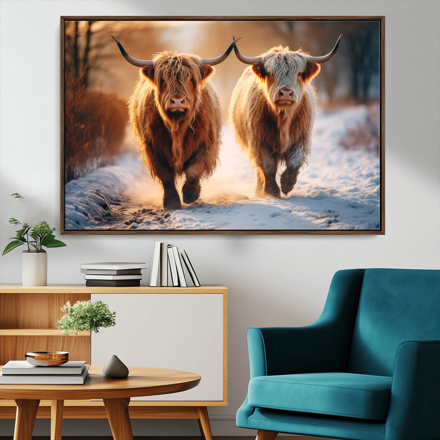 50490-MGV-FC-36X24_Walnut-Highland Cow Wall Art – Rustic Panoramic Canvas Print Two Cattle Snowy Landscape, Farmhouse Country Decor for Living Room Office