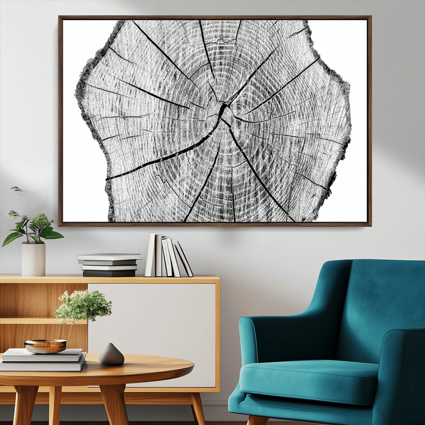 98709-MGV-FC-36X24_Walnut-Tree Ring Wall Art – Black and White Canvas Print Rustic Wood Cross Section, Minimal Nature Inspired Decor for Living Room,