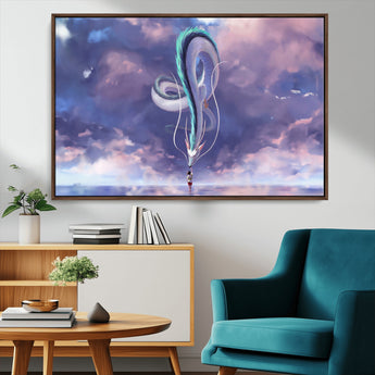 66864-MGV-FC-36X24_Walnut-Fantasy Dragon Wall Art – Mystical Canvas Print Girl and Sky Serpent Dreamlike Clouds, Magical Anime Inspired Decor for Living