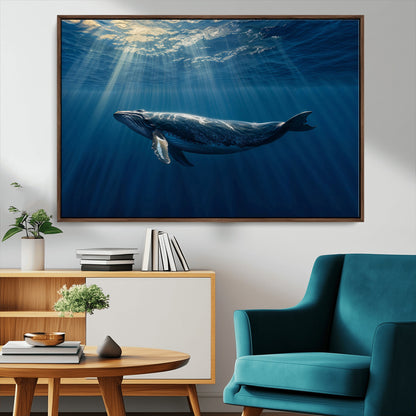 18052-MGV-FC-36X24_Walnut-Whale Wall Art – Majestic Ocean Canvas Print Marine Life Underwater Sunlight Scene, Nautical Coastal Decor for Living Room,