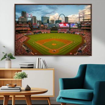 91908-MGV-FC-36X24_Walnut-Baseball Stadium Wall Art – Canvas Print Game Day Field City Skyline Iconic Arch Scene Sports Photography, Decor for Game Room,
