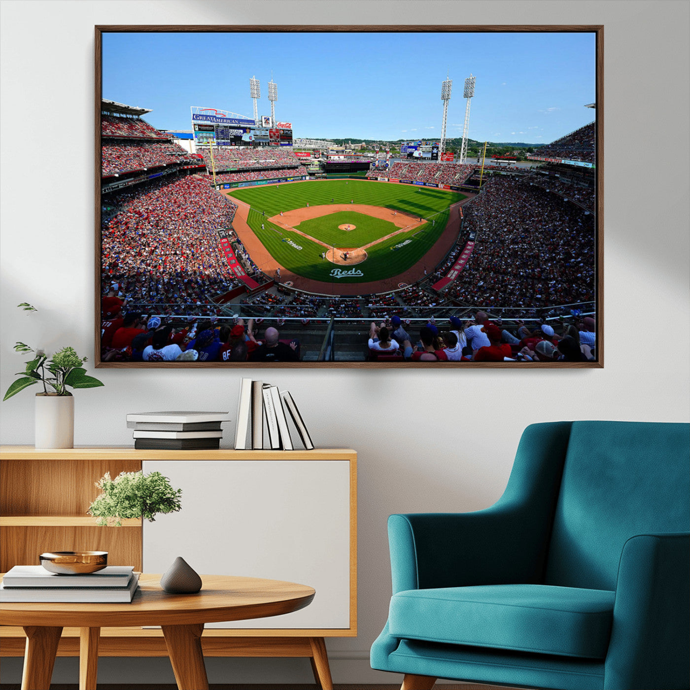 90998-MGV-CV-36X24-Baseball Stadium Wall Art – Canvas Print Day Game Field Packed Crowd Bright Blue Sky Sports Photography, Classic Decor for Game