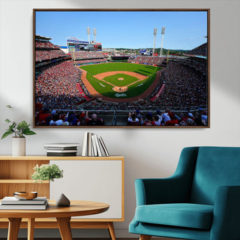 90998-MGV-CV-36X24-Baseball Stadium Wall Art – Canvas Print Day Game Field Packed Crowd Bright Blue Sky Sports Photography, Classic Decor for Game