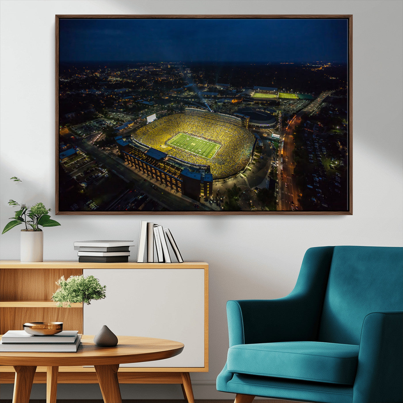 52519-MGV-FC-36X24_Walnut-Michigan Football Stadium Wall Art Canvas Print, Framed Michigan Stadium Art Picture Print, Michigan Wolverines Field Perfect