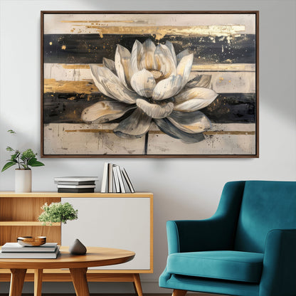 18807-MGV-FC-36X24_Walnut-Lotus Flower Wall Art Canvas Print, Framed Abstract Lotus Art Picture Print, White Lotus Flower Perfect Abstract Floral Decor