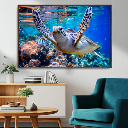12683-MGV-CV-36X24-Sea Turtle Wall Art – Graceful Ocean Canvas Print with Coral Reef and Tropical Fish, Coastal Marine Life Decor for Beach House,