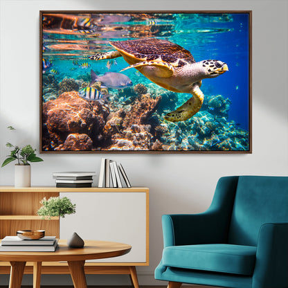 66614-MGV-CV-36X24-Sea Turtle Wall Art – Hawksbill Turtle Swimming Over Coral Reef Canvas Print, Ocean Marine Life Decor for Beach House, Coastal