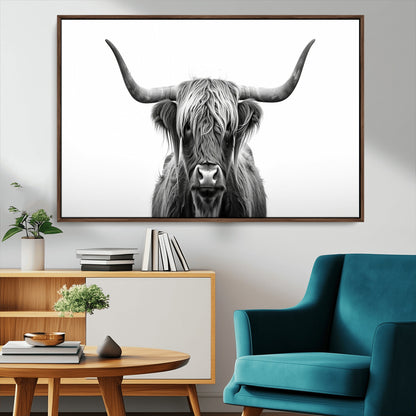 49556-MGV-CV-36X24-Highland Cow Wall Art – Black and White Scottish Highland Cattle Print, Rustic Farmhouse Minimalist Animal Portrait Canvas for