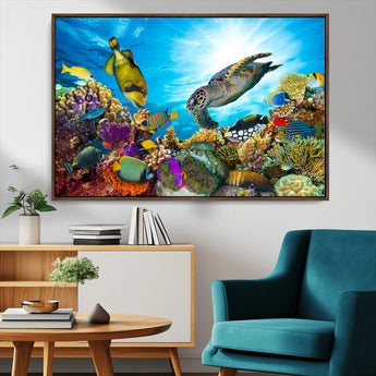 44772-MGV-CV-36X24-Underwater Sea Turtle Wall Art – Vibrant Coral Reef and Tropical Fish Canvas Print, Ocean Marine Life Decor for Living Room,