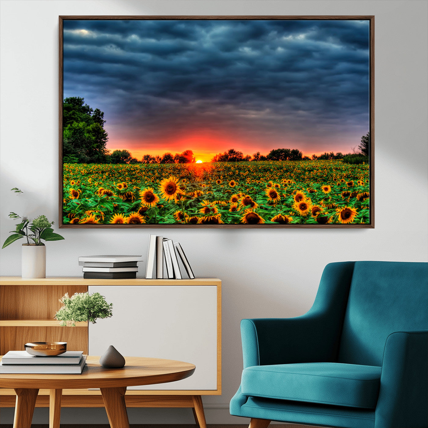 45045-MGV-CV-36X24-Sunflower Field Sunset Wall Art – Dramatic Stormy Sky Landscape Print, Vibrant Yellow Floral Nature Canvas for Living Room,