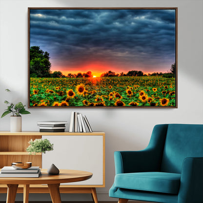 45045-MGV-CV-36X24-Sunflower Field Sunset Wall Art – Dramatic Stormy Sky Landscape Print, Vibrant Yellow Floral Nature Canvas for Living Room,