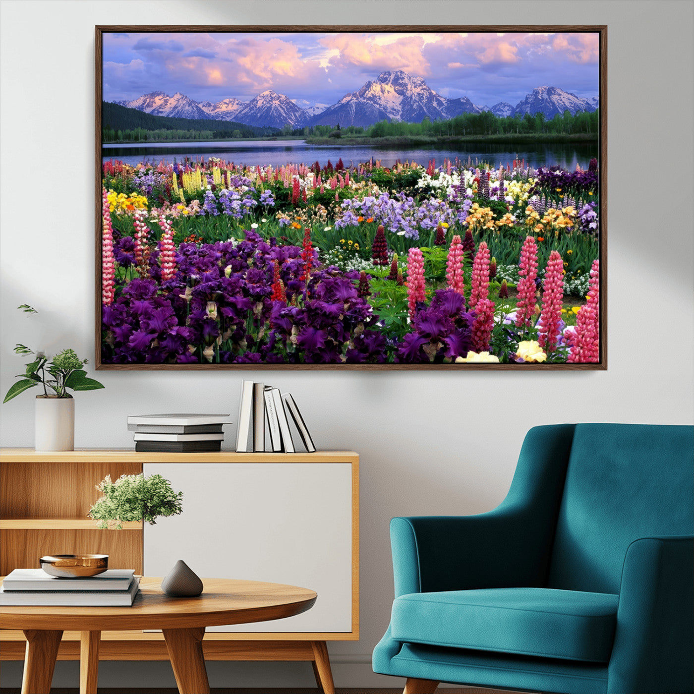 82270-MGV-CV-36X24-Colorful Wildflower Meadow Landscape Wall Art – Snow-Capped Mountain Lake Sunset Print, Vibrant Nature Artwork for Living Room,
