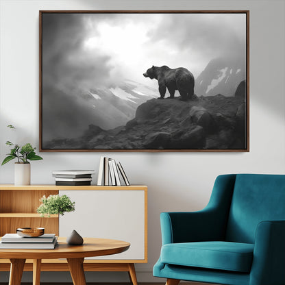 49504-MGV-CV-36X24-Black and White Grizzly Bear Wall Art – Wilderness Wildlife Painting, Rustic Mountain Cabin Decor, Monochrome Animal Print for