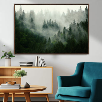 167720496-MGV-CV-36X24-Misty Forest Wall Art – Serene Evergreen Trees Canvas Print, Foggy Mountain Nature Landscape Decor for Bedroom, Living Room or
