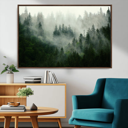 167720496-MGV-CV-36X24-Misty Forest Wall Art – Serene Evergreen Trees Canvas Print, Foggy Mountain Nature Landscape Decor for Bedroom, Living Room or