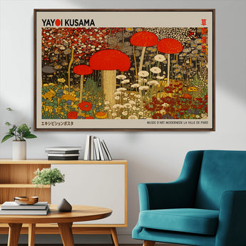 38013-MGV-CV-36X24-Yayoi Kusama Inspired Mushroom Garden Wall Art – Whimsical Botanical Canvas Print, Surreal Nature Poster, Fantasy Floral Artwork