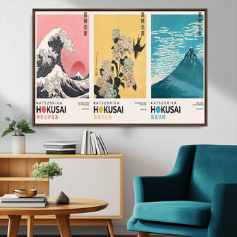 Katsushika-MGV-CV-36X24-Katsushika Hokusai Wall Art Set – The Great Wave, Hydrangea and Swallow, Fine Wind Canvas Prints, Japanese Ukiyo e Style Home and